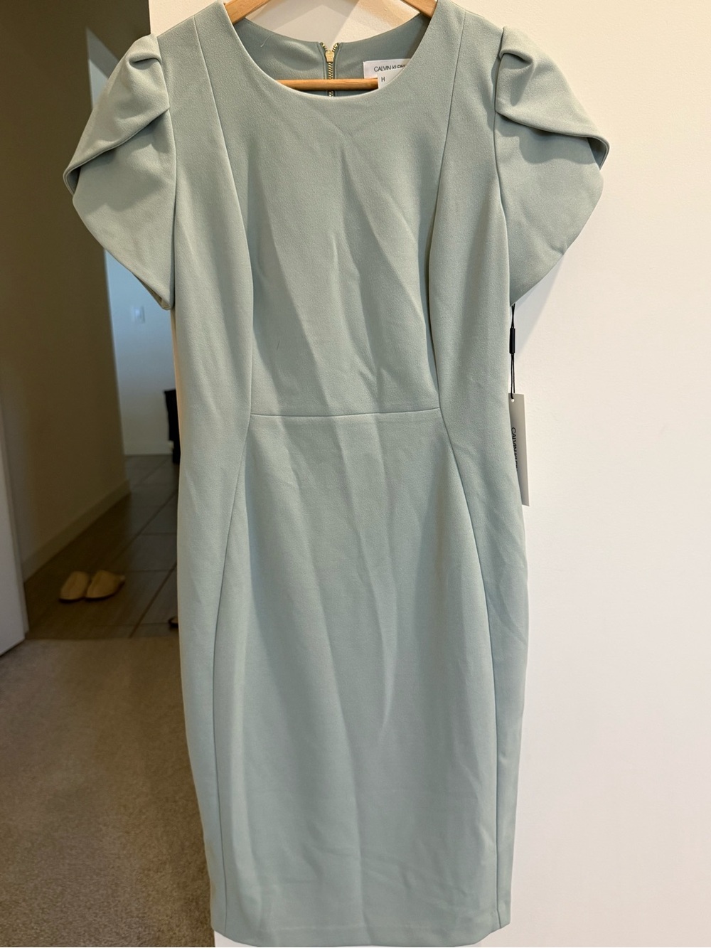 Calvin Klein Light Sage Puff-Sleeve Midi Sheath Dress